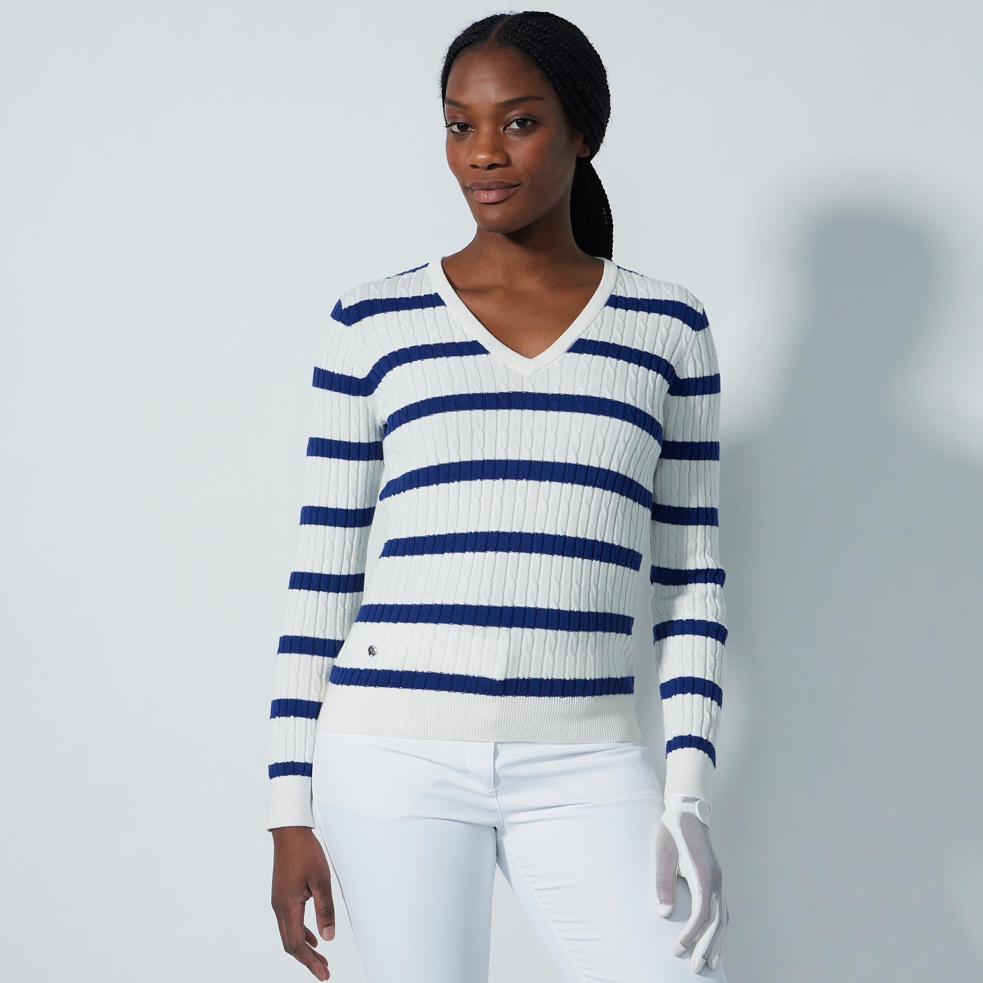 Daily Sports Striped Madelene Knitted Ladies Golf Sweater Power Blue